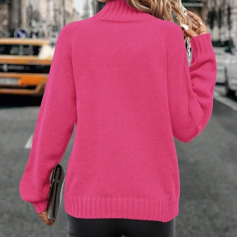 Hot Pink Casual Women's Stand Collar Raglan Sleeve Knit Pullover Sweater